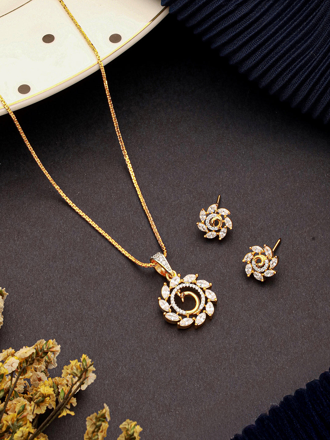 Gold Toned Cubic Zircon Studded Floral Peacock Design Minimal Locket Pendant jewellery Set